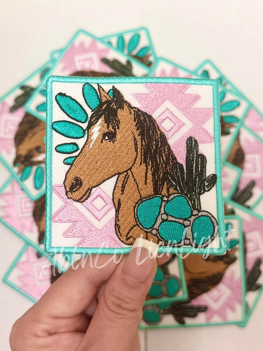 Turquoise Pink Horse Embroidery Patch