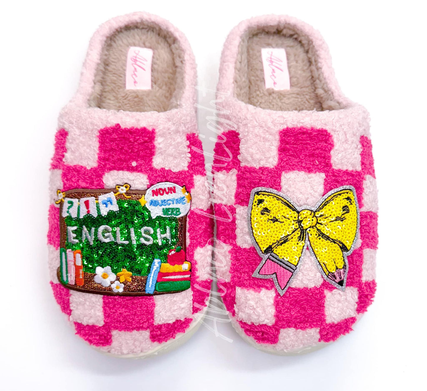 Custom School Patch Checkered Hot Pink Slippers