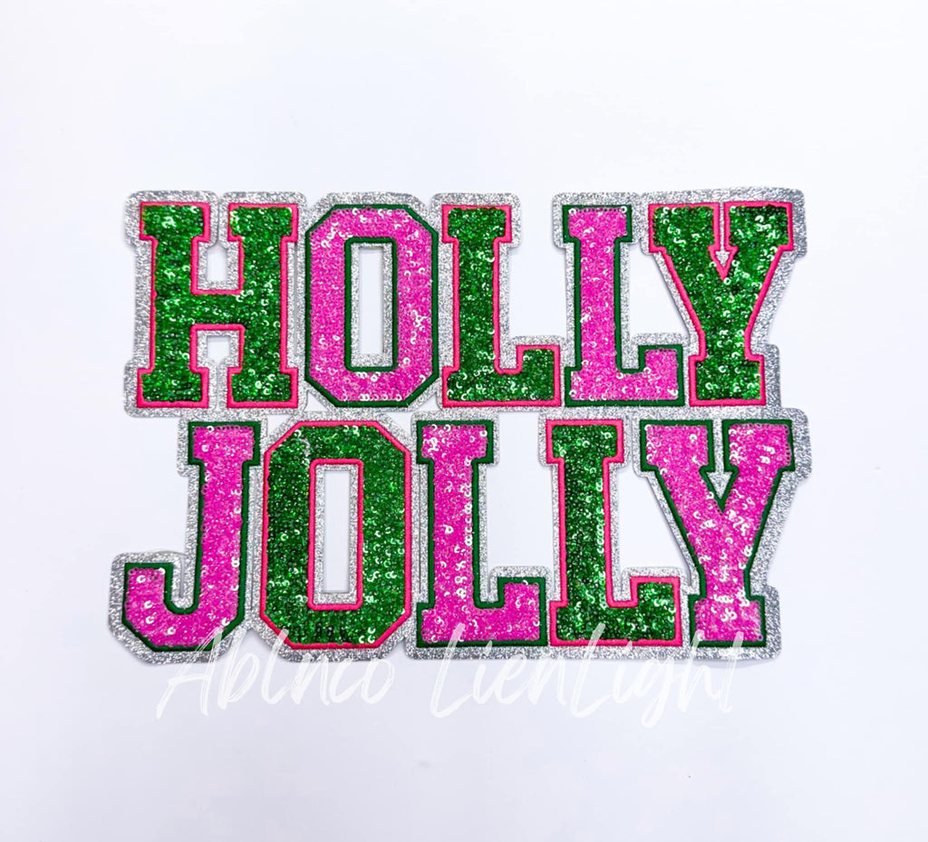 Pink & Green Holly Jolly Christmas Sequin Patch - Large