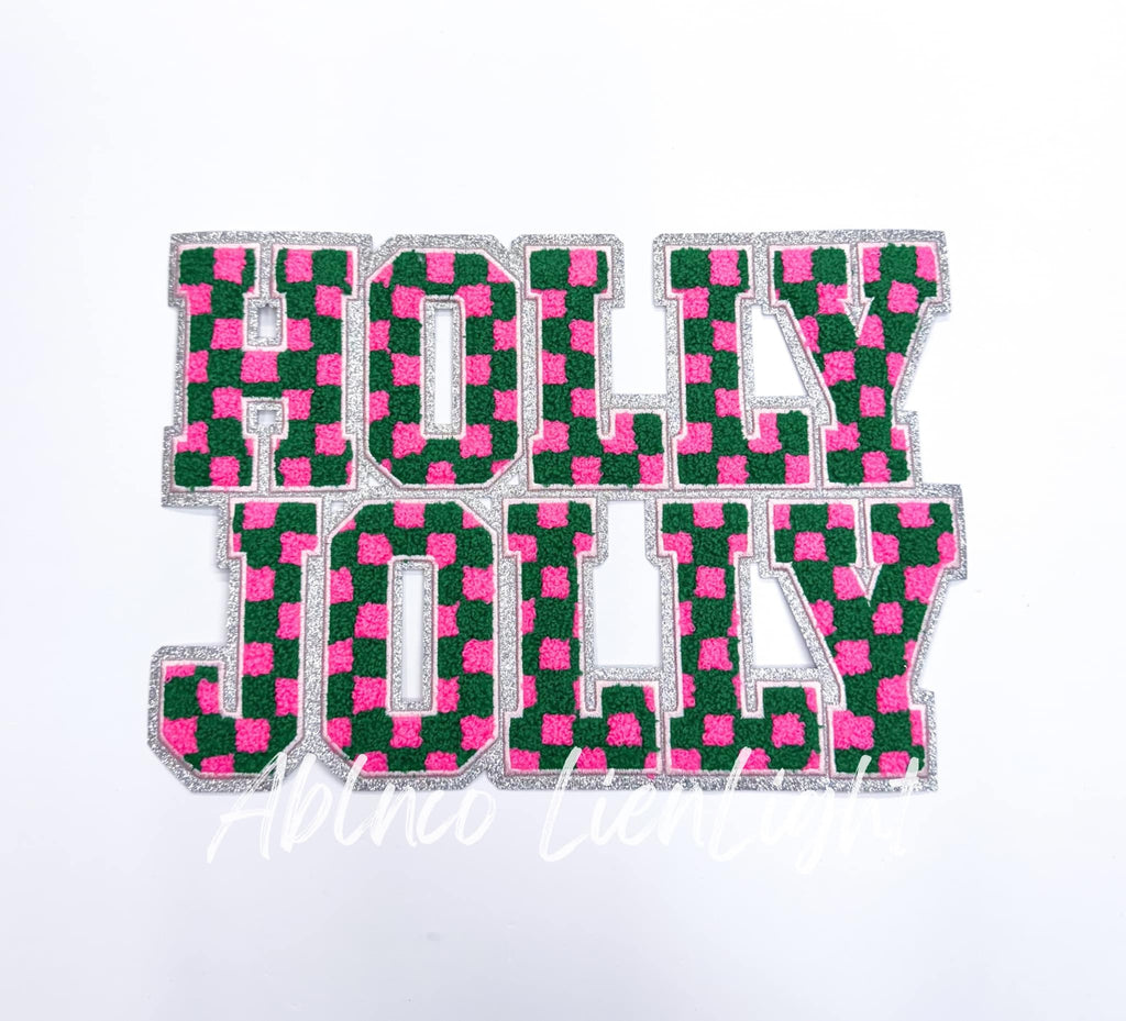 Pink & Green Holly Jolly Christmas Chenille Patch - Large