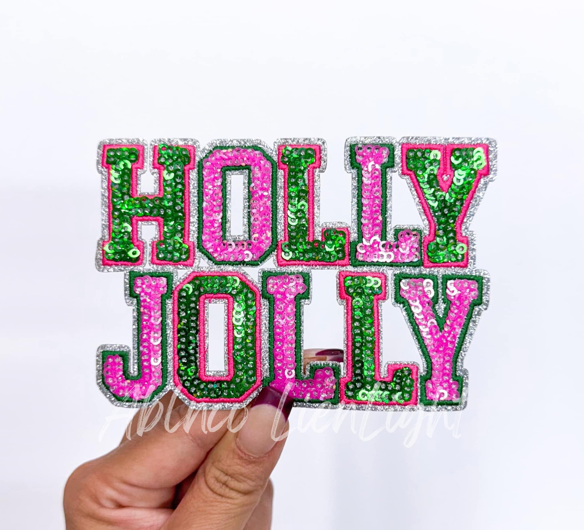 Pink & Green Holly Jolly Christmas Sequin Patch - Small