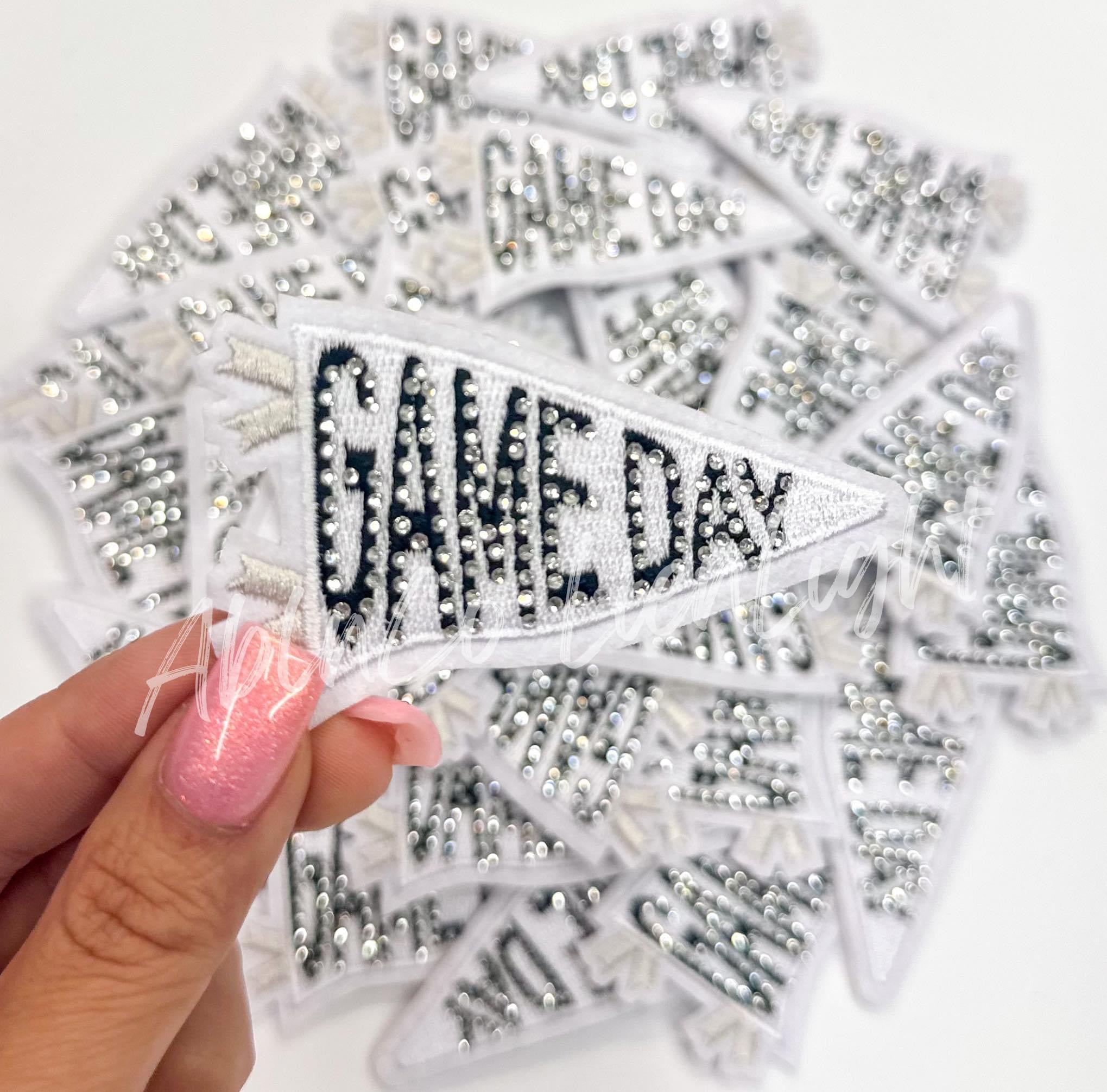White Game Day Pennant Flag Rhinestone Embroidery Patch