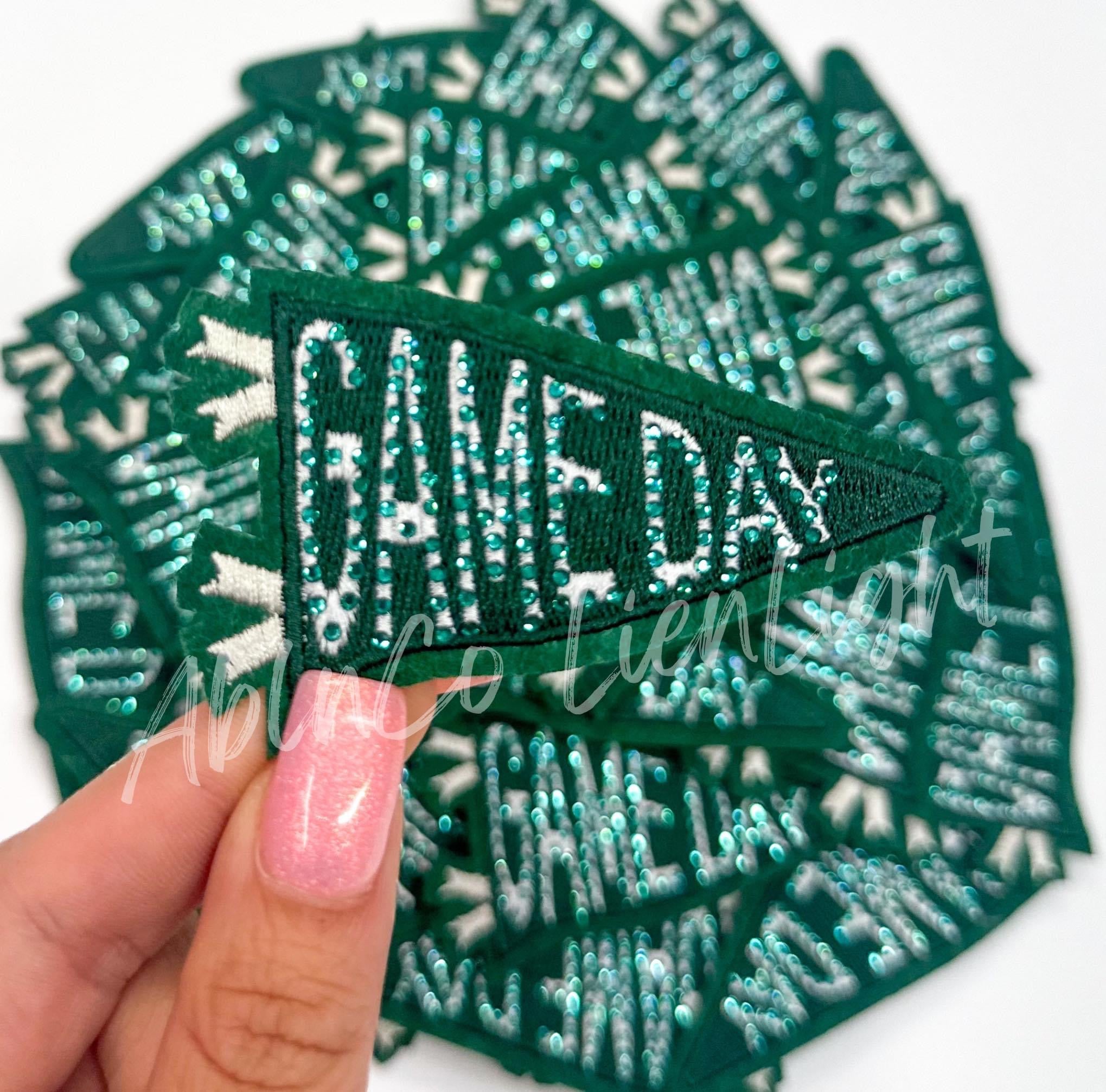 Green Game Day Pennant Flag Rhinestone Embroidery Patch