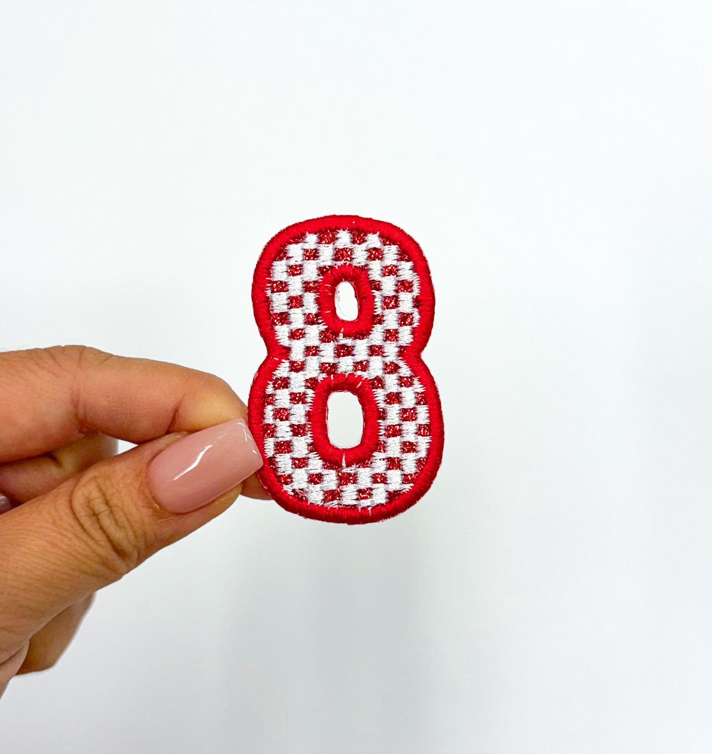 2” Red Checkered Numbers Glitter Embroidery Patch