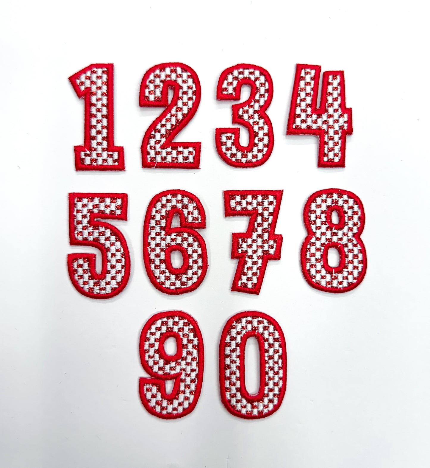 2” Red Checkered Numbers Glitter Embroidery Patch