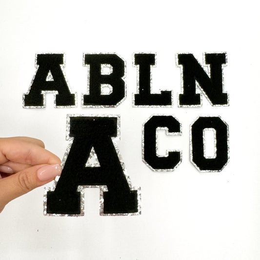 Black Silver Chenille Letter Patch