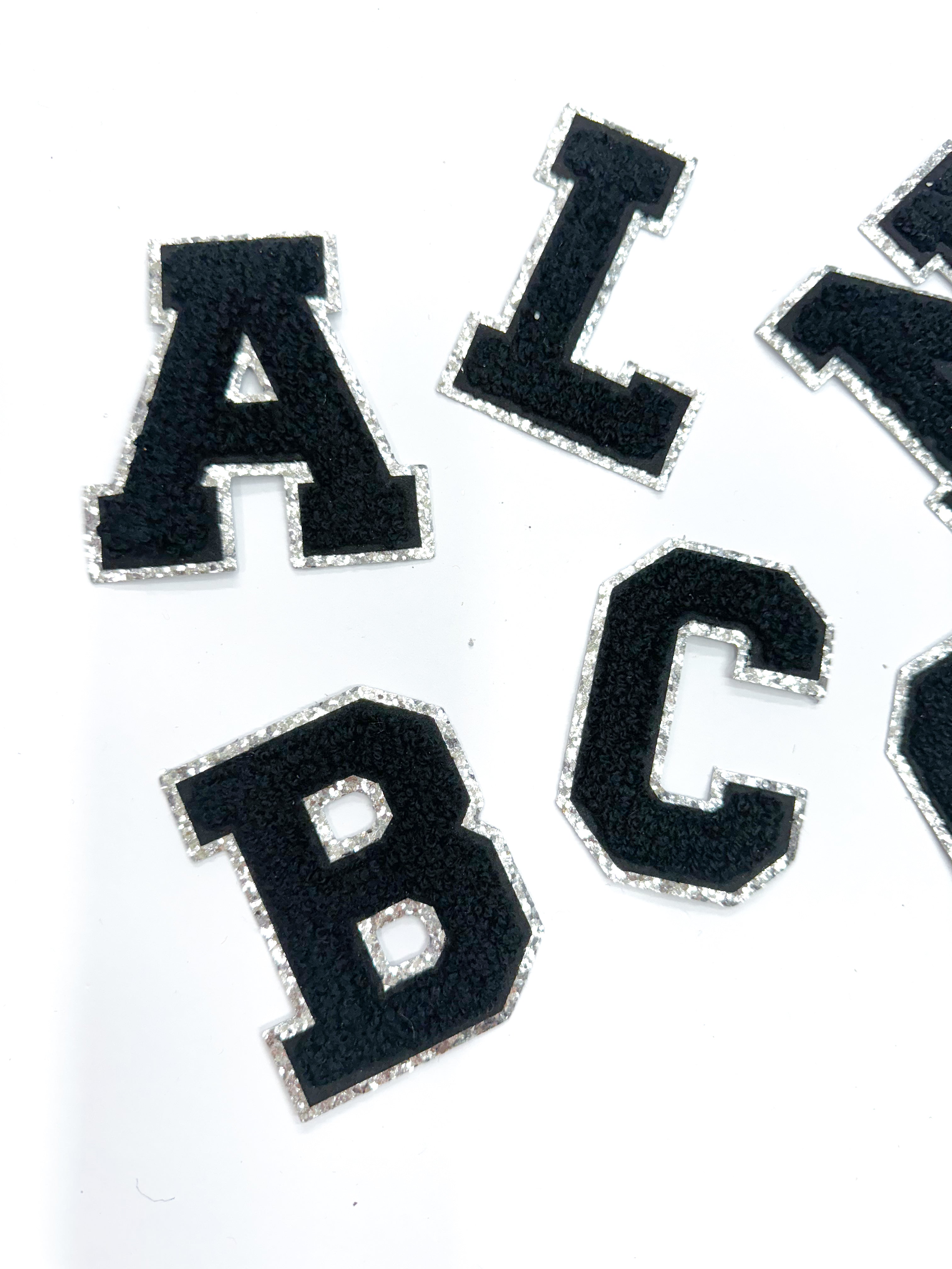 Black Silver Chenille Letter Patch