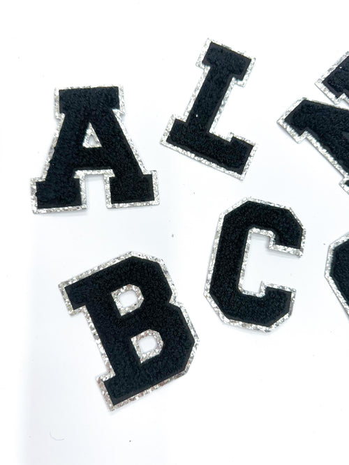 Black Silver Chenille Letter Patch