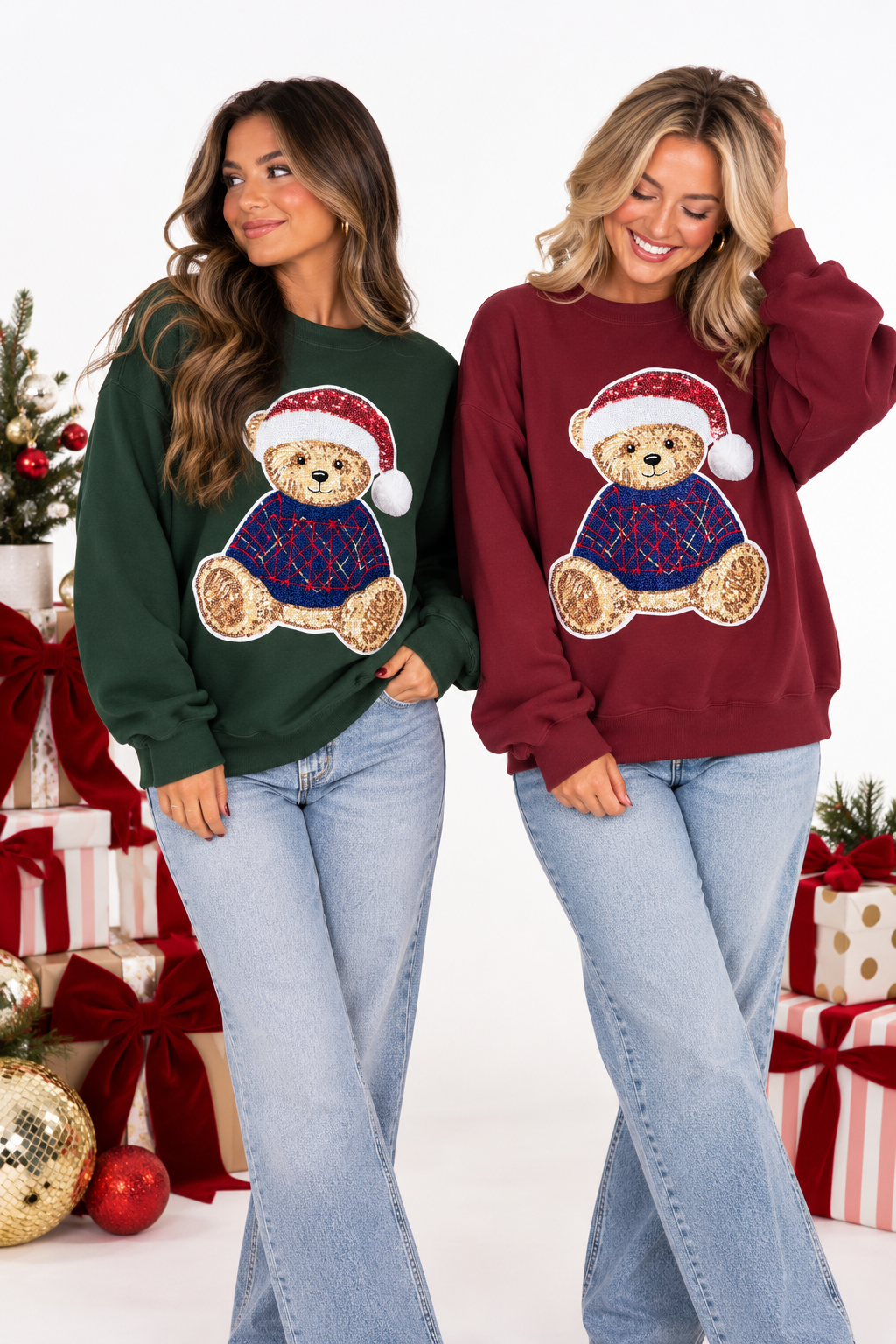 Chenille Holiday Sweater Teddy Bear Christmas Sequin Patch Sweatshirt