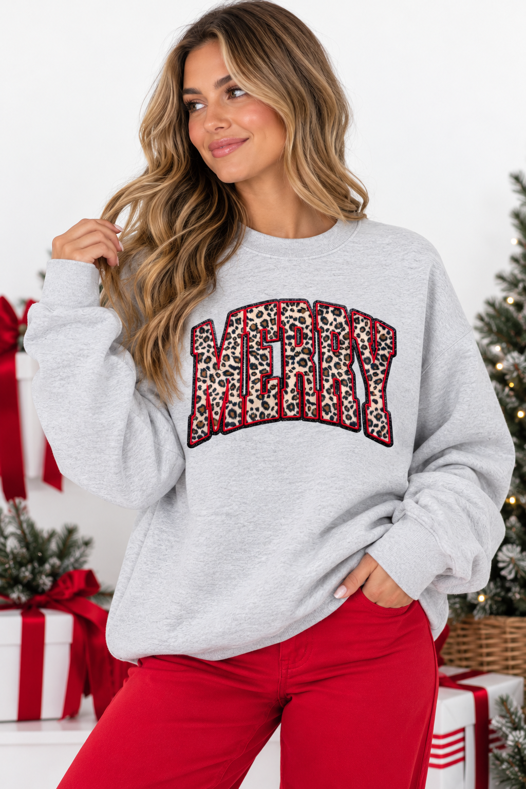 Cheetah Merry Holiday Christmas Fuzzy Patch Sweatshirt