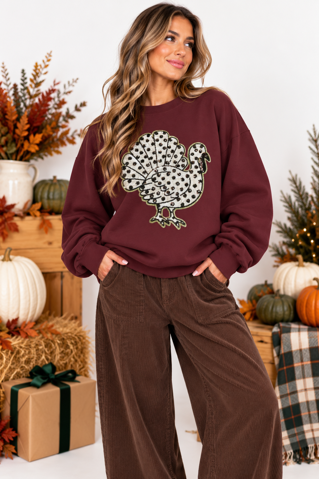 Polka Dot Turkey Holiday Sequin Patch Sweatshirt