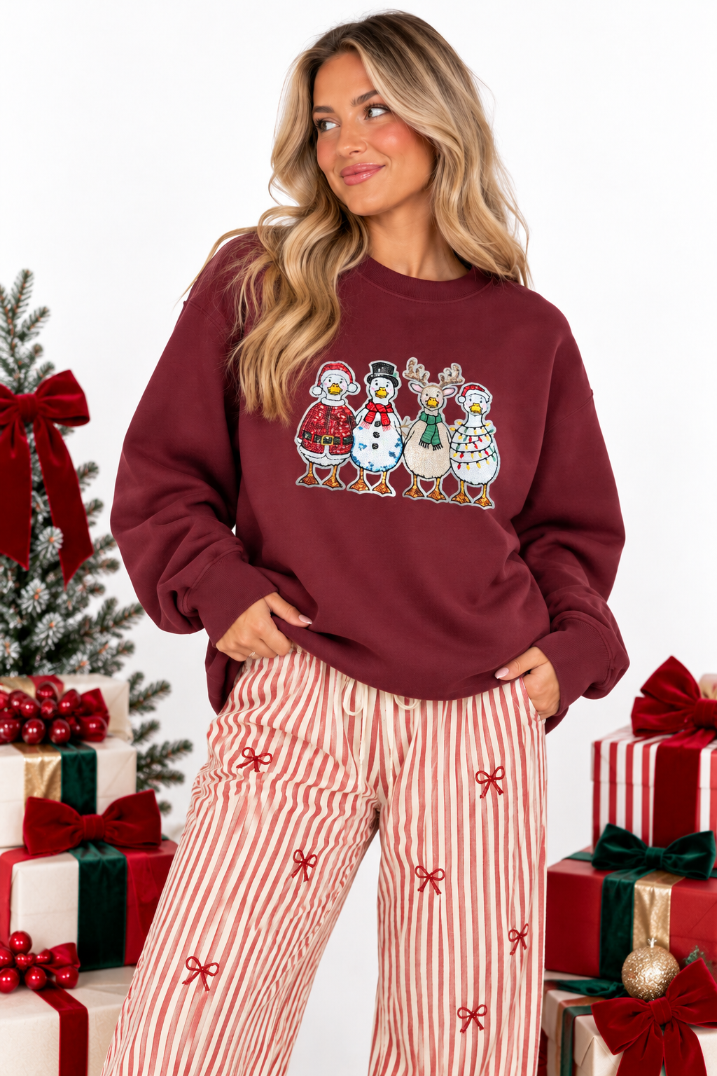 Holiday Christmas Goose Sequin Patch Sweatshirt