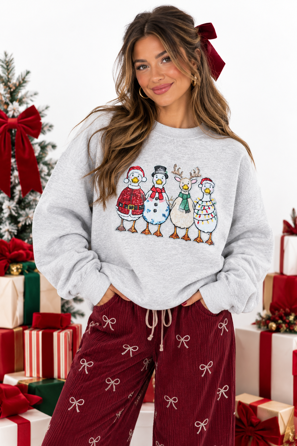Holiday Christmas Goose Sequin Patch Sweatshirt