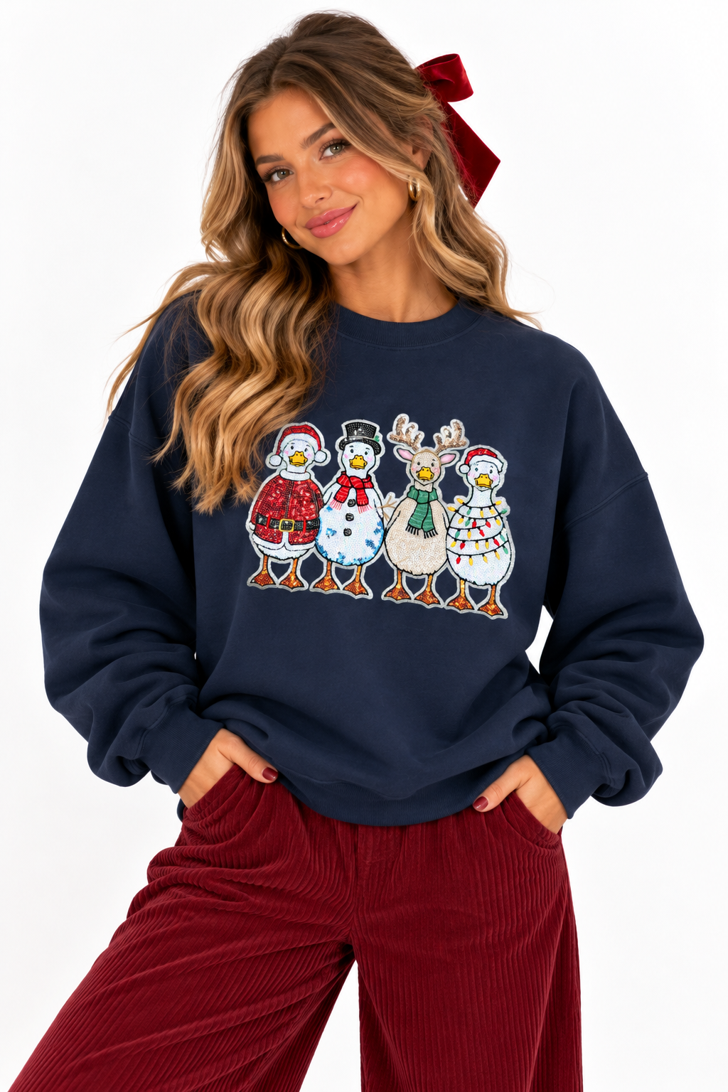 Holiday Christmas Goose Sequin Patch Sweatshirt