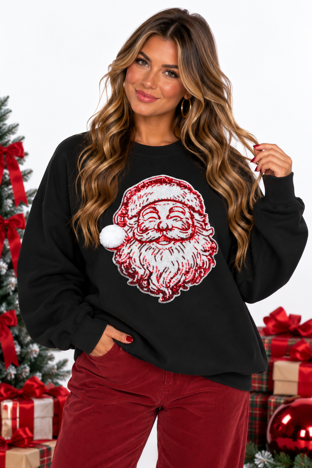Vintage Santa Holiday Christmas Sequin Patch Sweatshirt