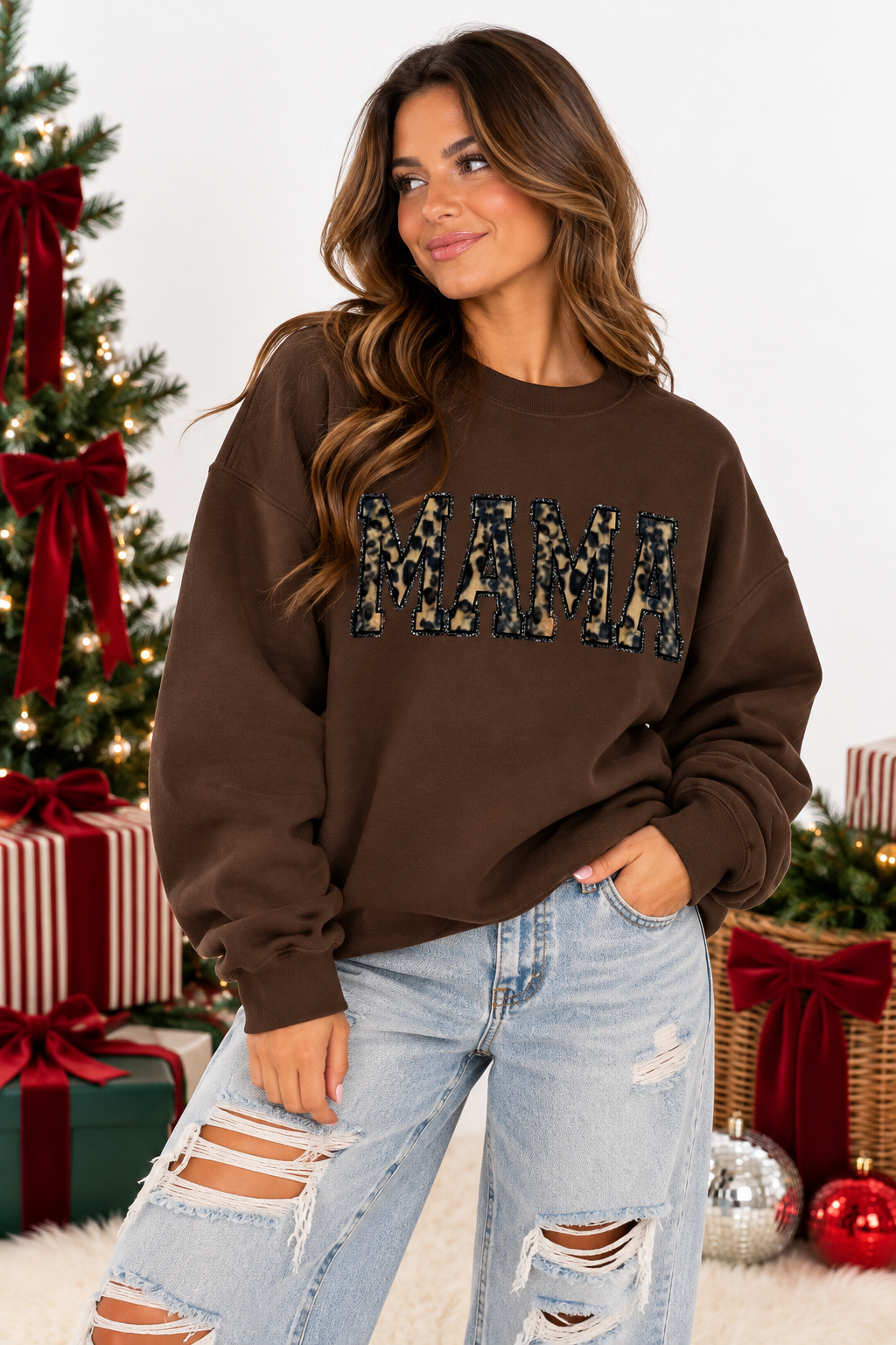 Cheetah Mama Holiday Fuzzy Patch Sweatshirt