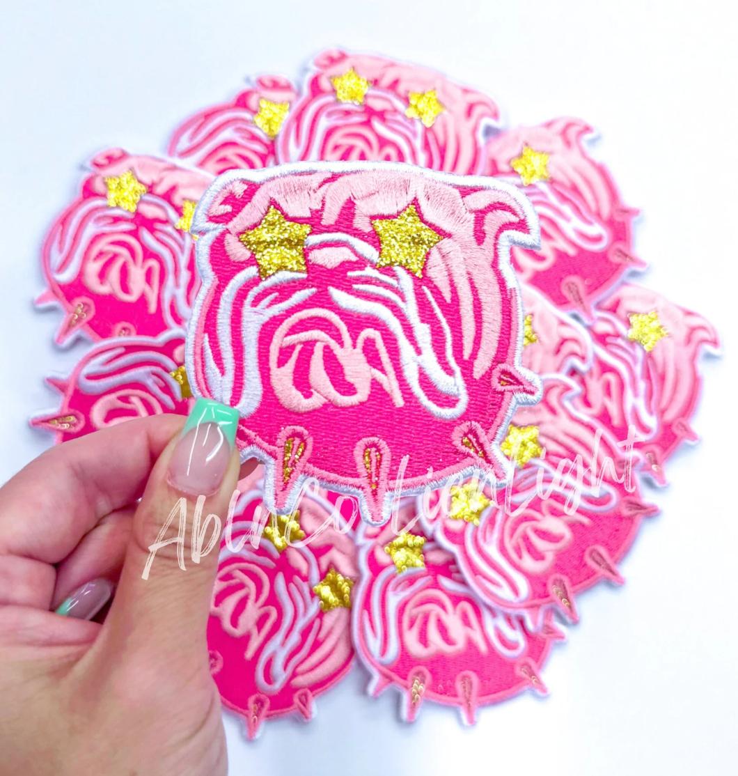 Bulldog Mascot Pink Embroidery Patch - Small