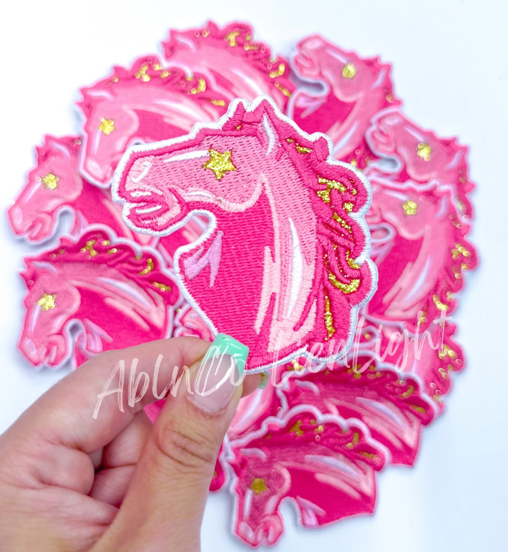Mustang Mascot Pink Embroidery Patch - Small