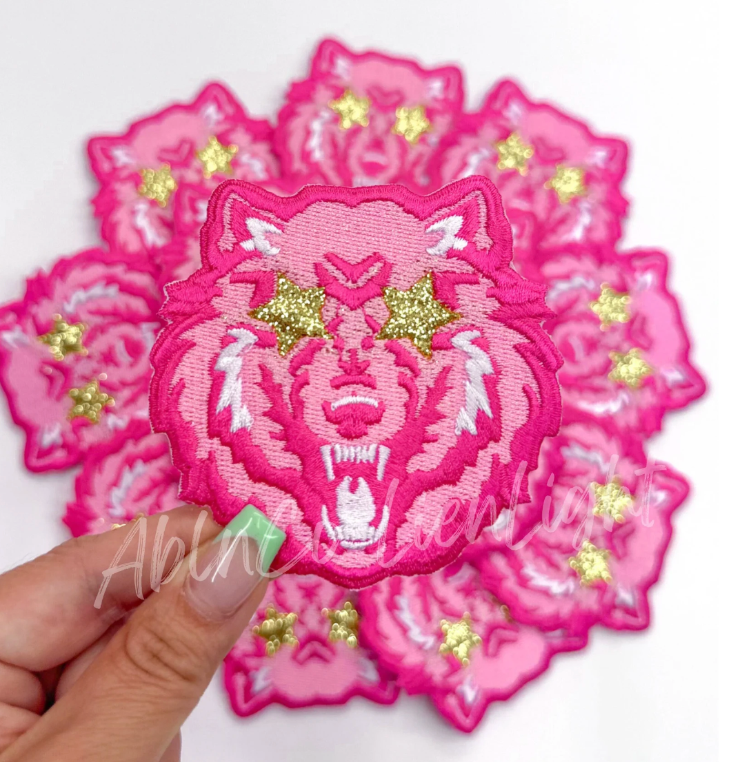 Bear Mascot Pink Embroidery Patch - Small