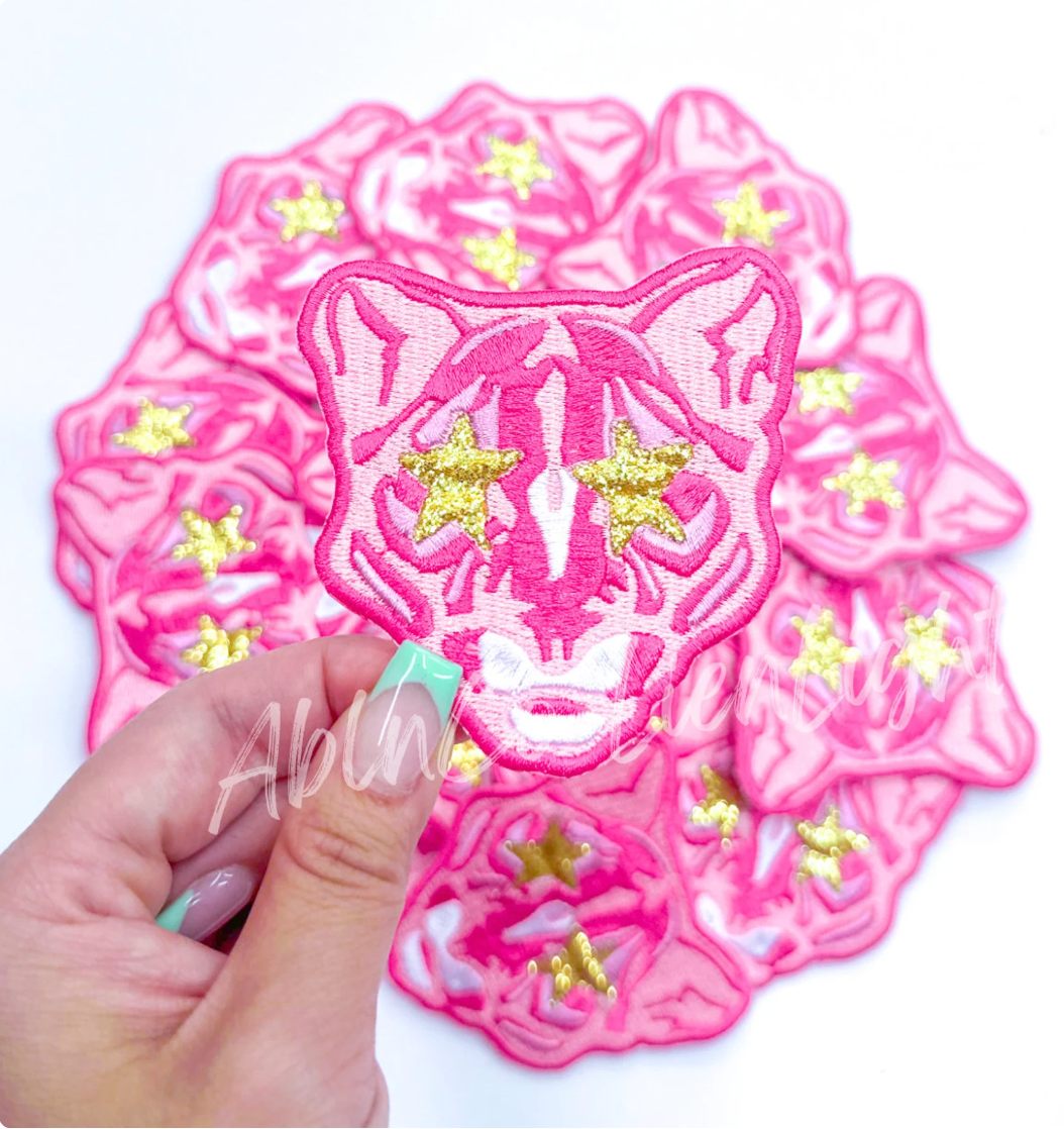 Panther Mascot Pink Embroidery Patch - Small