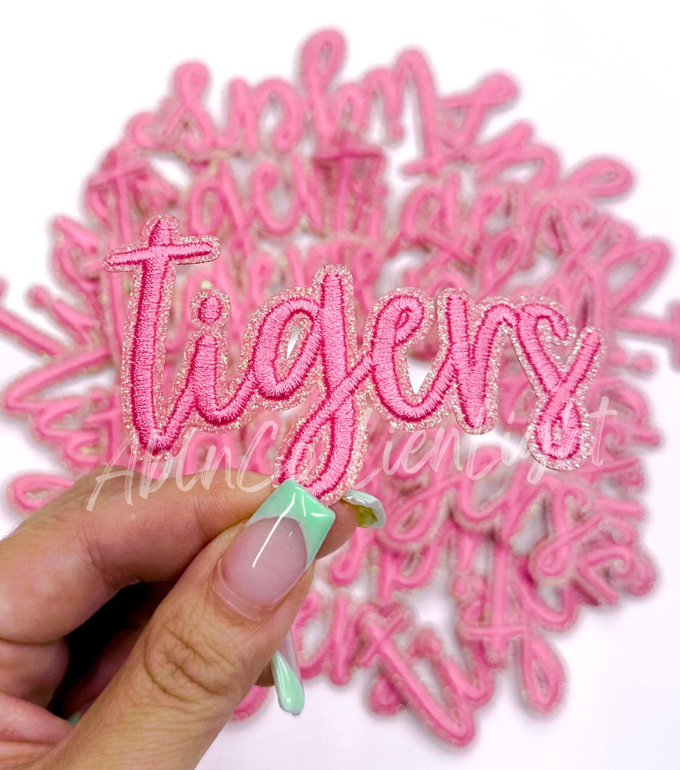 Tigers Mascot Script Pink Embroidery Patch - Small