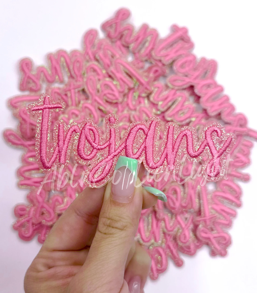 Trojans Mascot Script Pink Embroidery Patch - Small