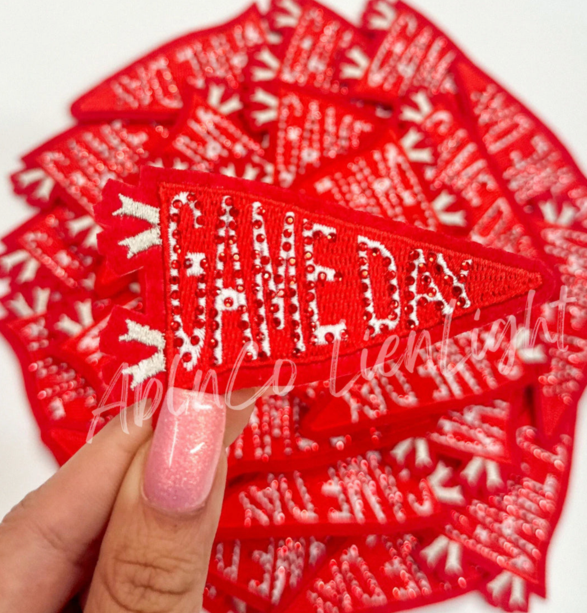 Red Game Day Pennant Flag Rhinestone Embroidery Patch