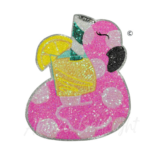 Pink Flamingo Drink Float Summer Sequin Embroidery Patch-Large