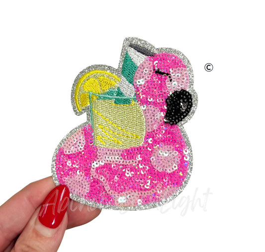 Pink Flamingo Drink Float Summer Sequin Embroidery Patch-Small