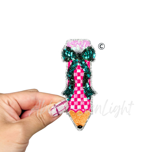 Checkered Pencil Sequins Teacher Patch - Small