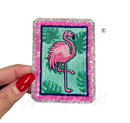 Flamingo Leaves Square Summer Sequin Patch-Small