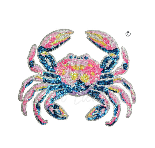 Pink and Blue Crab Summer Sequin Patch-Large