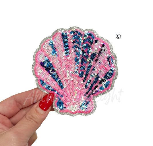 Pink and Blue Seashell Summer Sequin Patch-Small