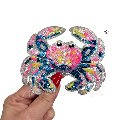 Pink and Blue Crab Summer Sequin Patch-Small