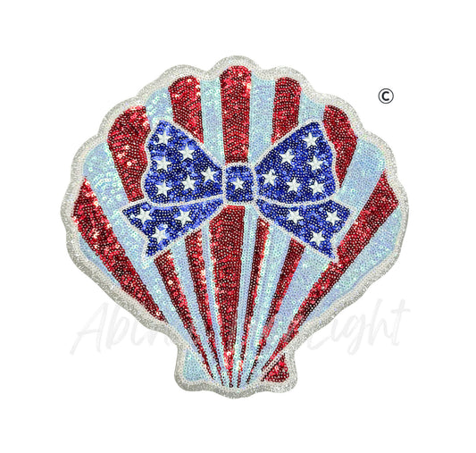 Red White and Blue Seashell 4th of July Summer Sequin Patch-Large