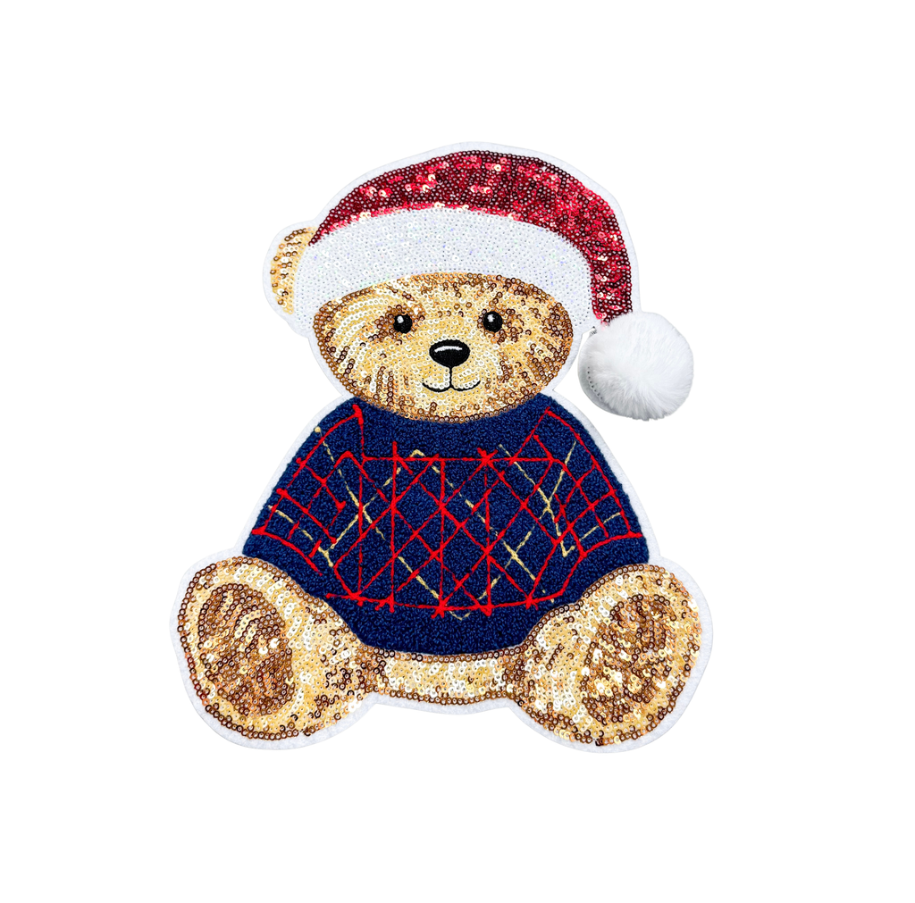 Vintage Sweater Teddy Bear Holiday Christmas Sequin Chenille Patch
