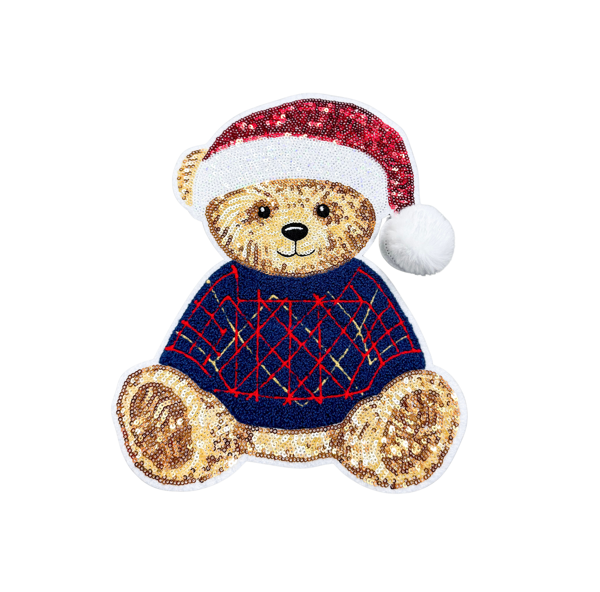 Vintage Sweater Teddy Bear Holiday Christmas Sequin Chenille Patch