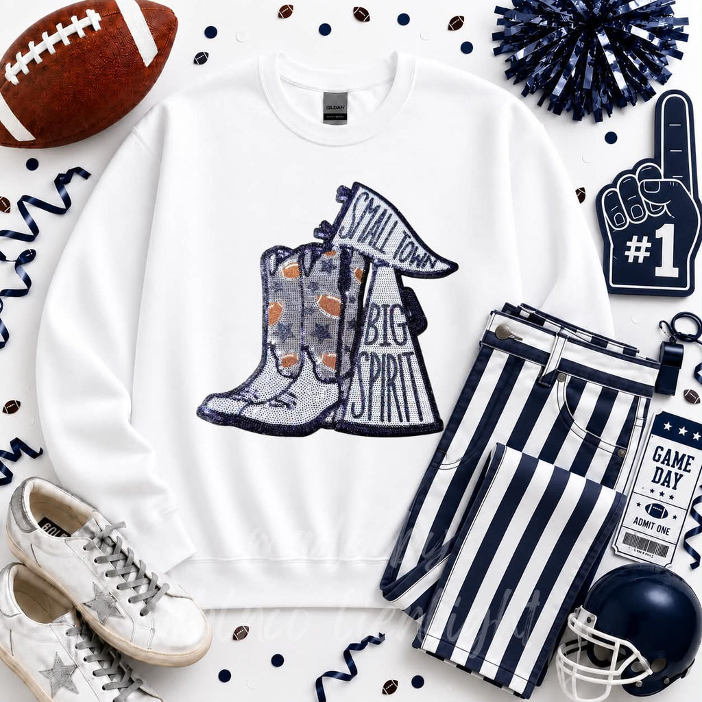 Navy Small Town Big Spirit Football Sequin Patch Shirt