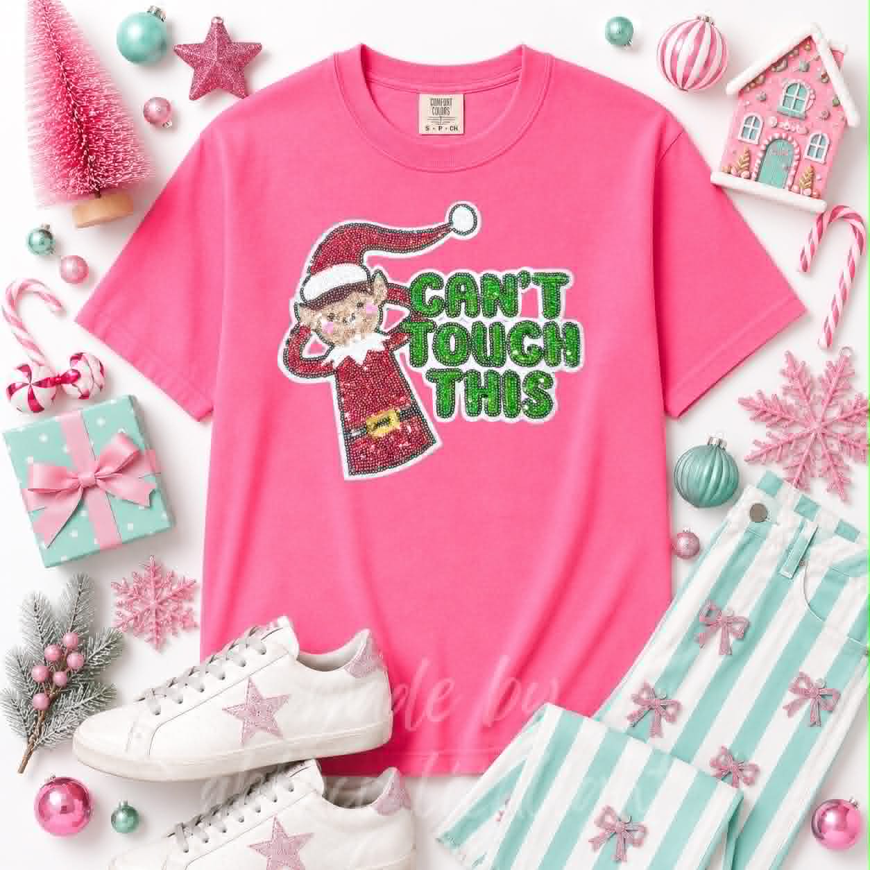 Can't Touch This Elf Christmas Sequin Patch Tshirt