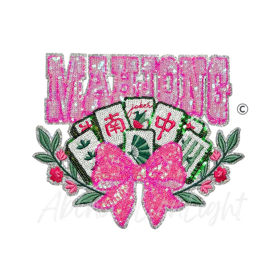 Pink Bow Mahjong Tiles Sequin Patch - Large