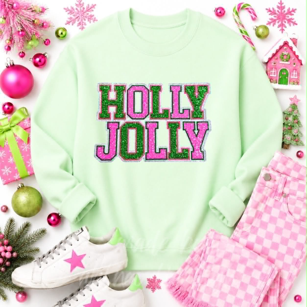 Pink & Green Holly Jolly Christmas Sequin Patch Sweatshirt