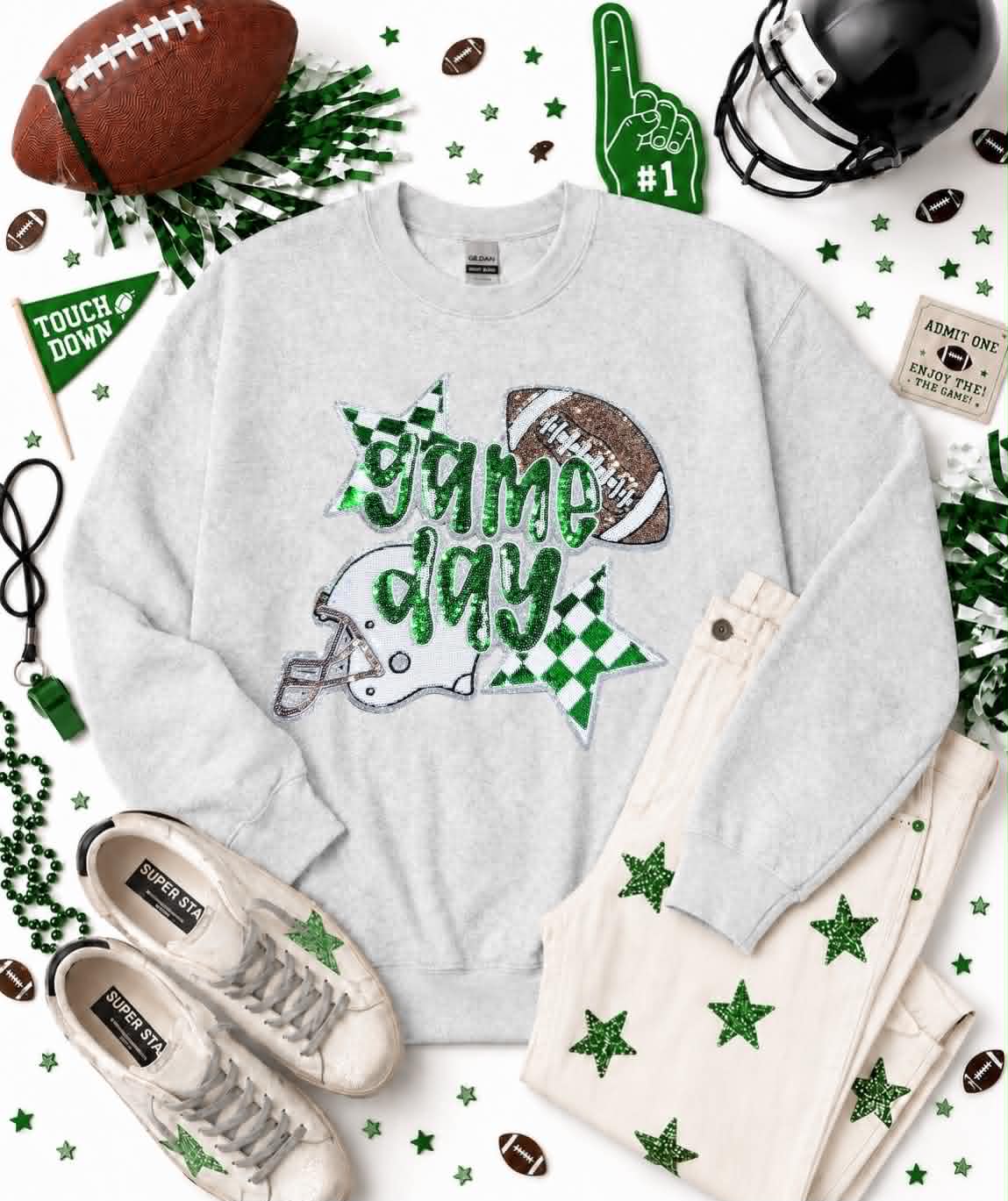 Green Game Day Checkered Football Sequin Patch Sweatshirt