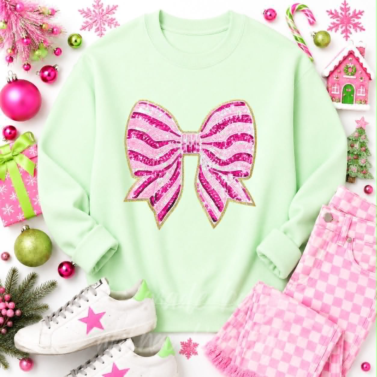 Pink Stripe Bow Christmas Sequin Patch Sweatshirt