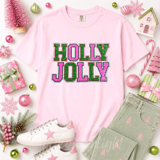 Pink & Green Holly Jolly Christmas Sequin Patch Tshirt