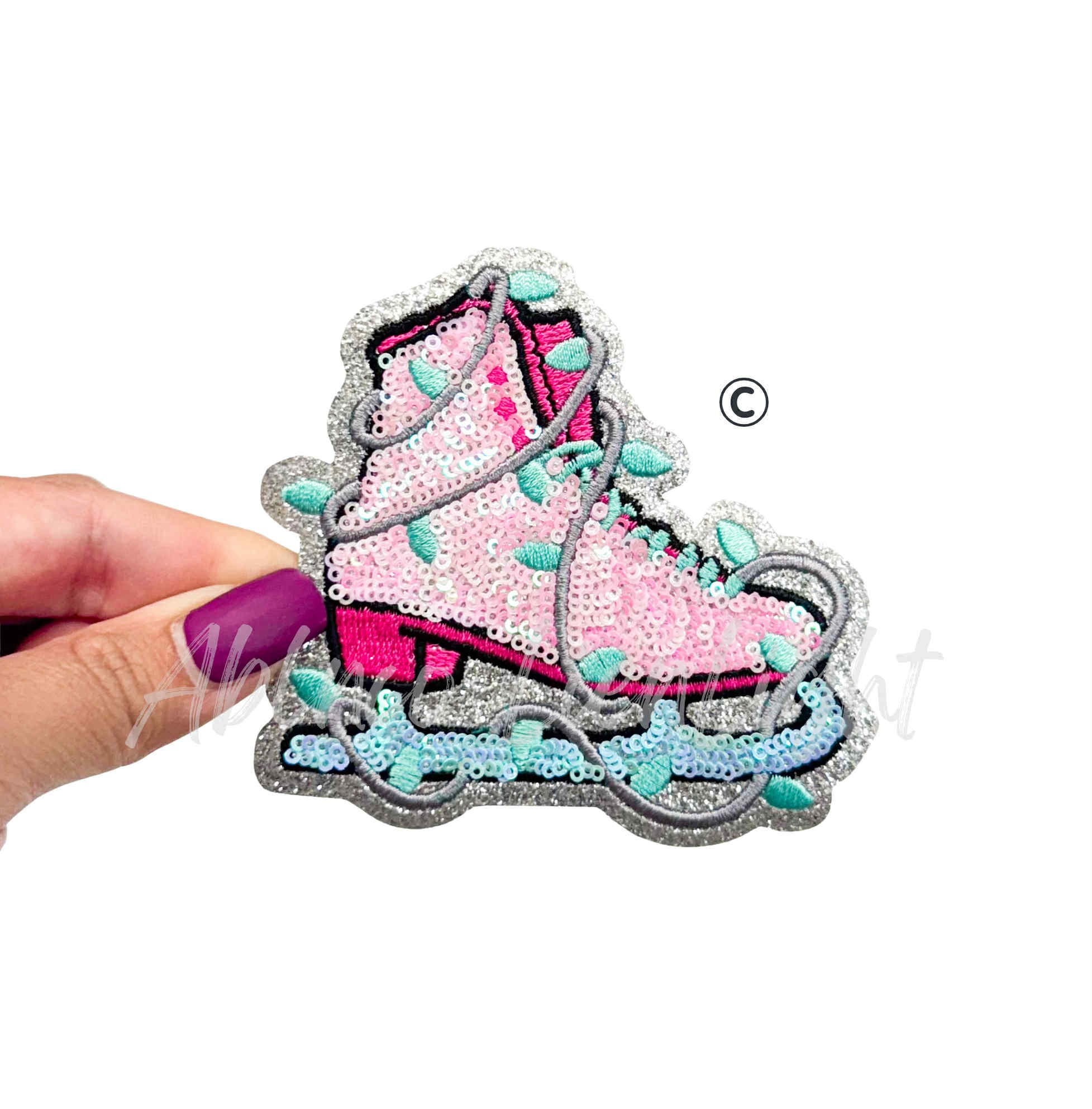 Pink Ice Skate Christmas Sequin Patch - Small