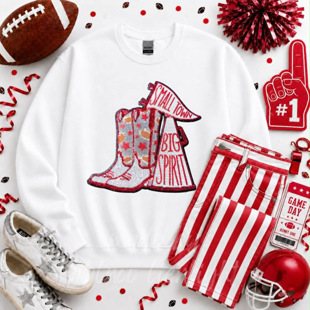 Red Small Town Big Spirit Football Sequin Patch Sweatshirt