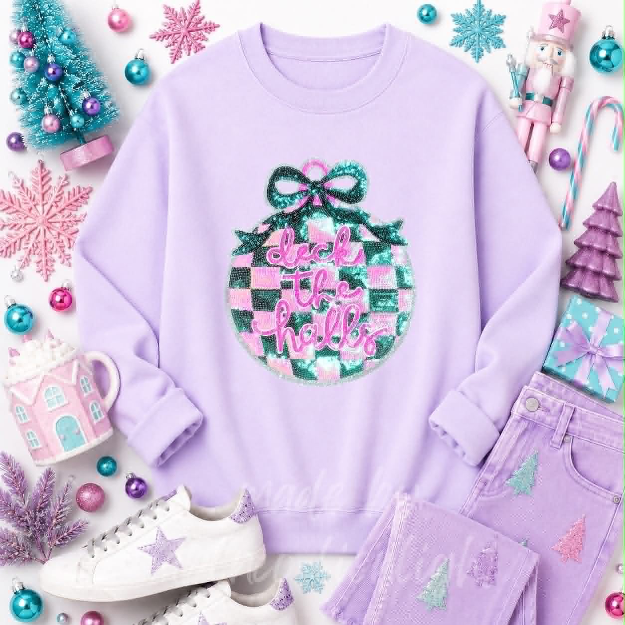 Deck The Halls Ornament Christmas Sequin Patch Sweatshirt