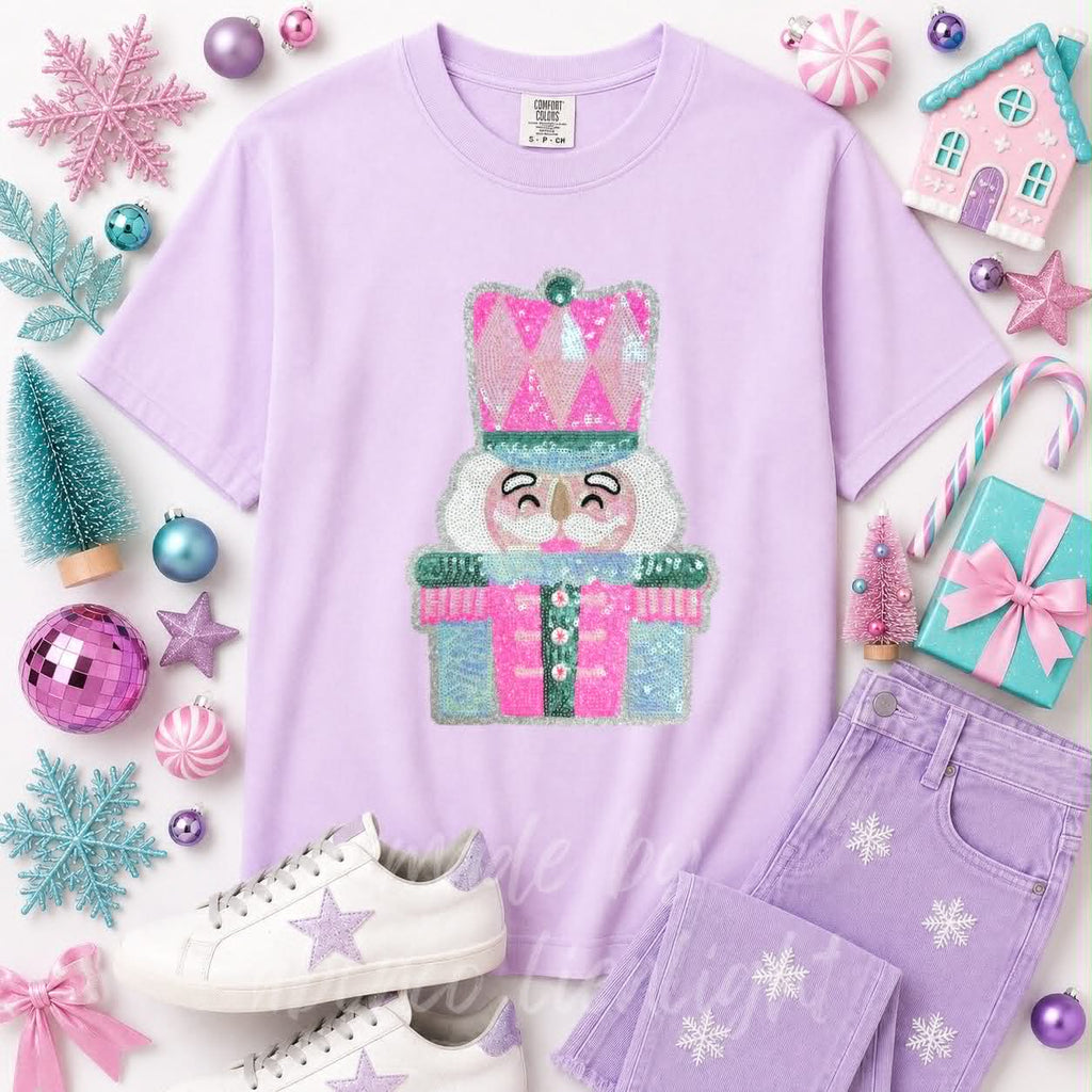 Pink & Mint Nutcracker Christmas Sequin Patch Tshirt