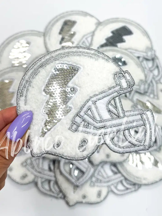 Silver Football Helmet Chenille Sequin Embroidery Patch