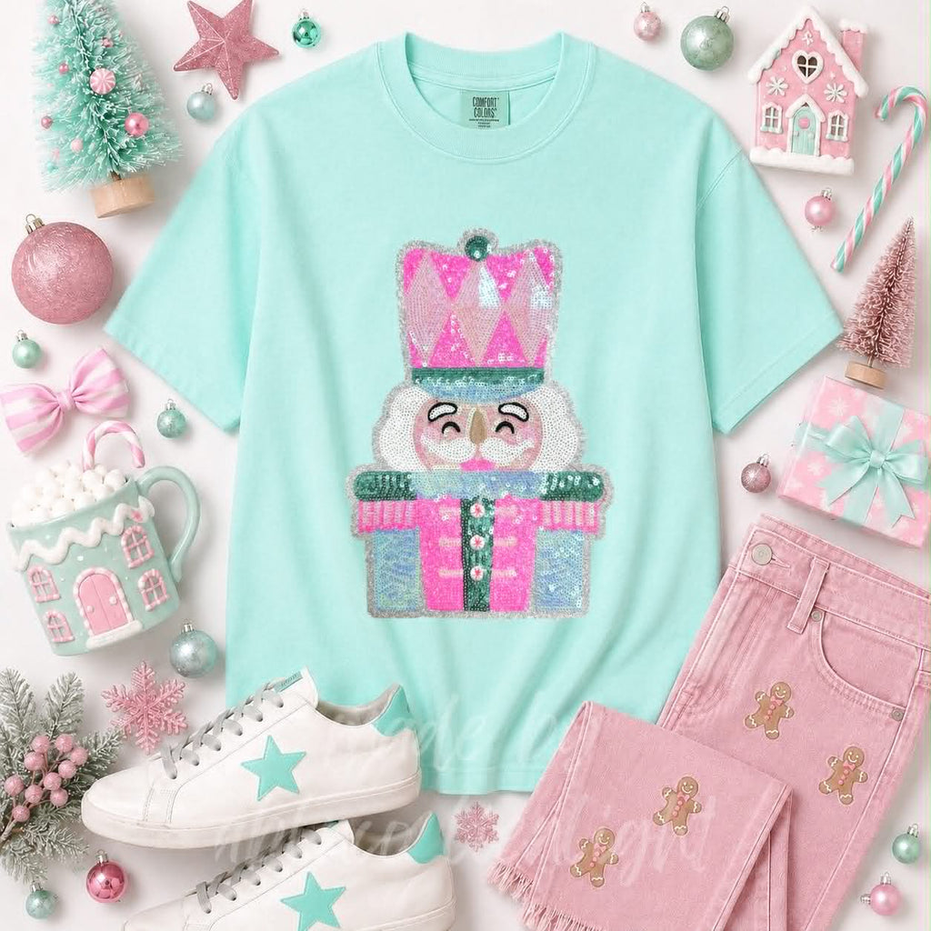 Pink & Mint Nutcracker Christmas Sequin Patch Tshirt